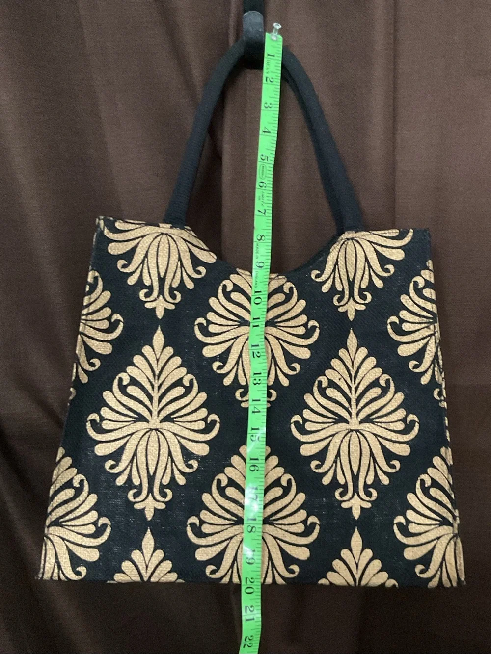 Black Burlap Gold Stamped Tote with woven Rope handles, New without tag.